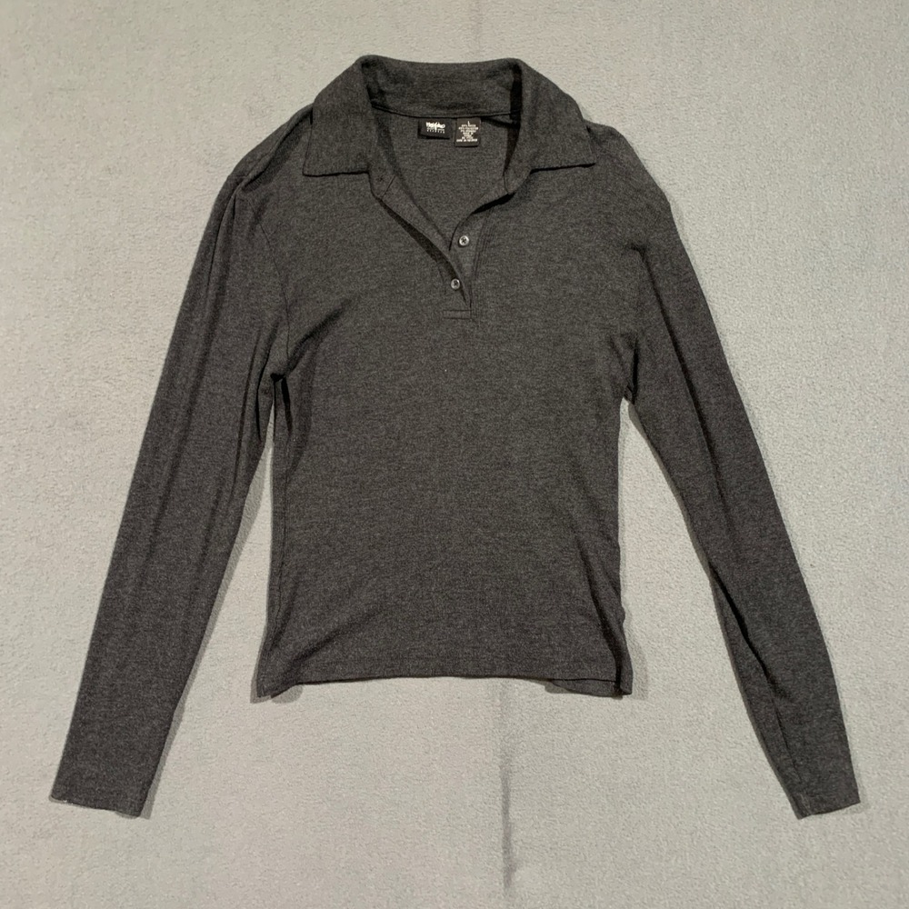 90s Y2K Womens‎ Long Sleeve Collared Polo Shirt Size L Dark Gray Stretch Preppy